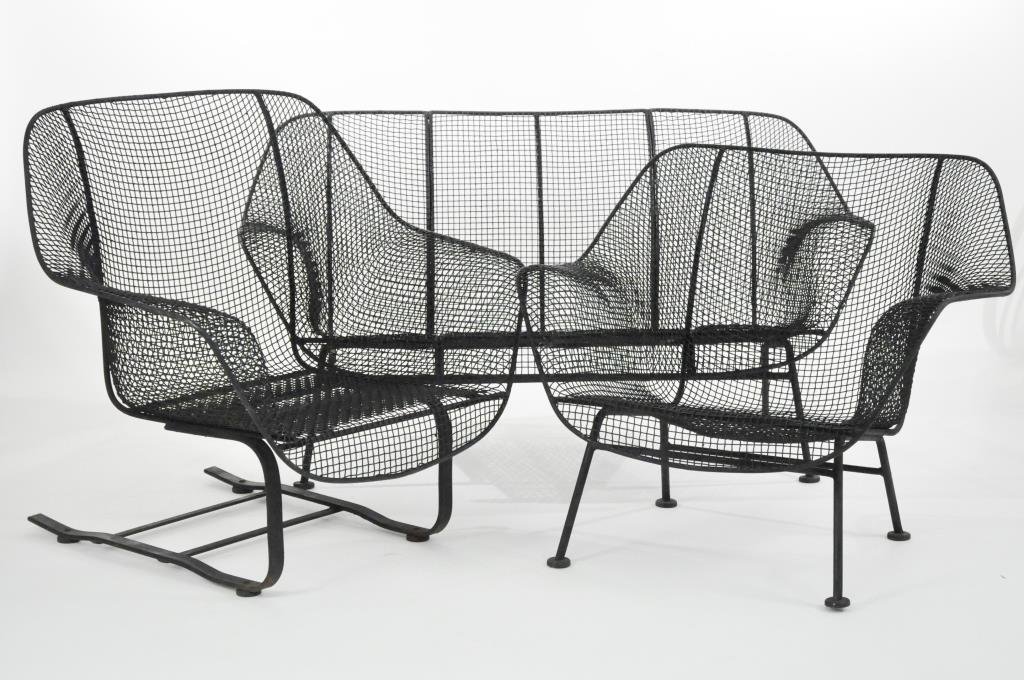 RUSSELL WOODARD "SCULPTURA" OUTDOOR SET: Includes a rocker, arm chair, and a settee Dimensions (settee): H 27 1/2" x W 53" x D 28" Condition: good, repainted at some point