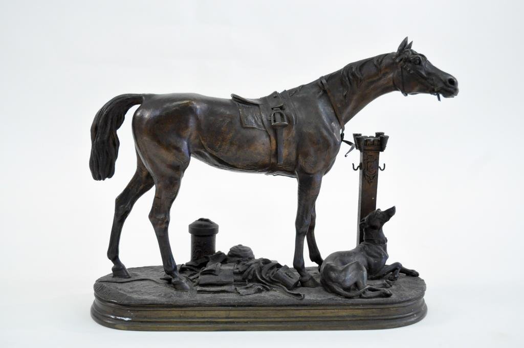 JULES MOIGNIEZ (FRENCH1835 -1894) BRONZE HORSE: Untitled (a racehorse and greyhound) Bronze sculpture, signed lower left front side bottom J. MOIGNIEZ Dimensions: H 11 3/4" X W 15 1/4" X D 5 1/2" Condition: Minor stress fracture to back leg. Separa