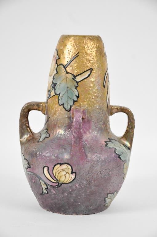 ART NOUVEAU FOUR HANDLED AMPHORA VASE: 2 impressed marks to bottom with a mottled glaze Dimensions: H 8 1/2" x Diameter 6" Condition: good