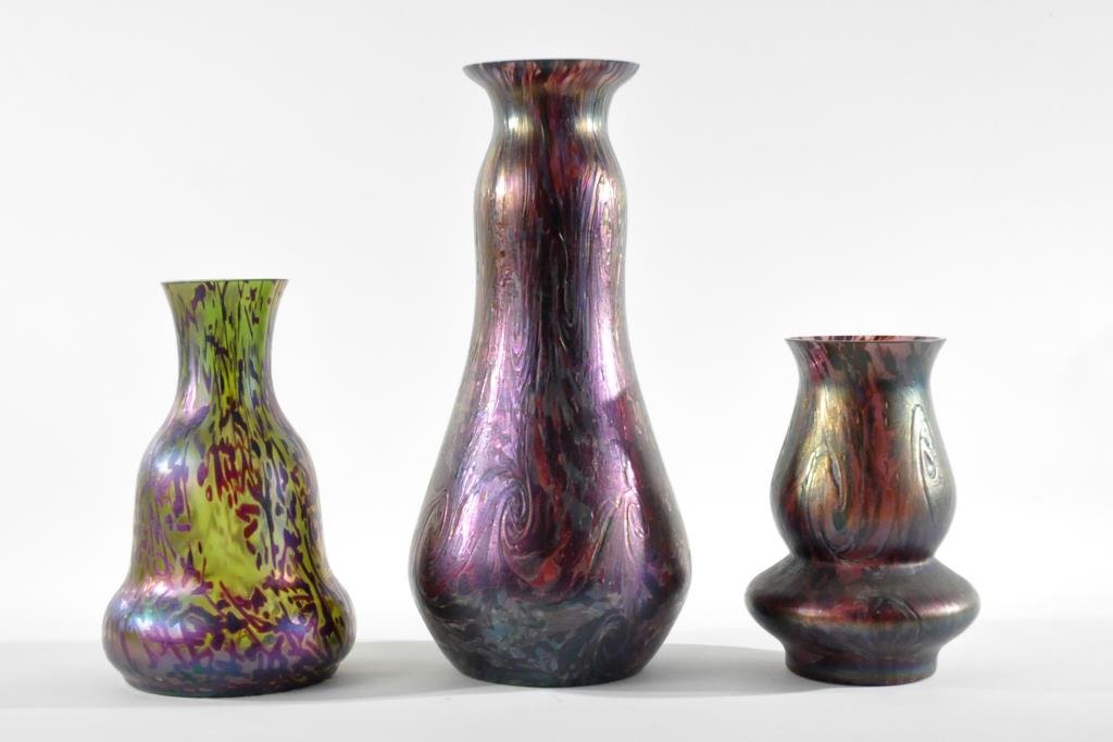 GROUP OF 3 LOETZ ART GLASS VASES: Dimensions: H 12" x Diameter 6" (tallest) Condition: shortest and tallest have some very small chips to rim Provenance: Arthur and Joe Robinson Collection, Harrison, New York.