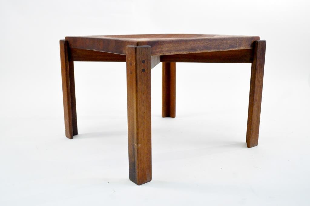 JENS QUISTGAARD TRAY TABLE: Staved teak, ca 1960s Dimension: H 18 1/2" X 24 1/2" square Condition: Good structural, some water stains, scratches and wear from use