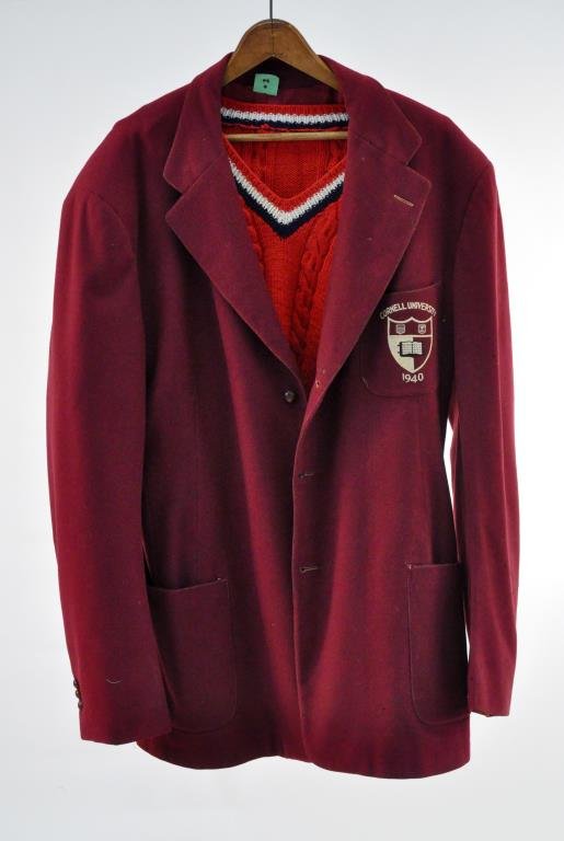 VINTAGE CORNELL JACKET & SWEATER: No size indicated, appears to be mens large Condition: moth holes to sleeves, no major rips or stains to jacket, sweater is good