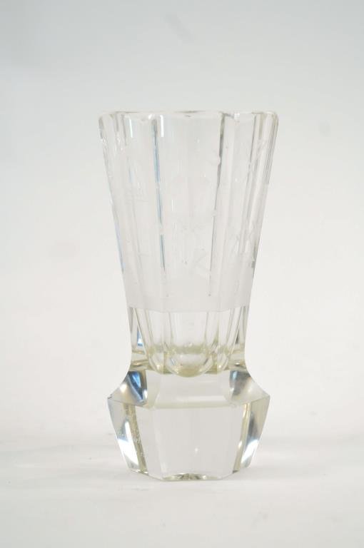 MASONIC ROCK CRYSTAL GOBLET: Etched "Br. Kurt Kessler S/L. Br. Albert Nitlch 22.2.1925 Etchings include masonic ritual symbols, very well cut Dimensions: H 6" x Diameter 3" Condition: good, no chips