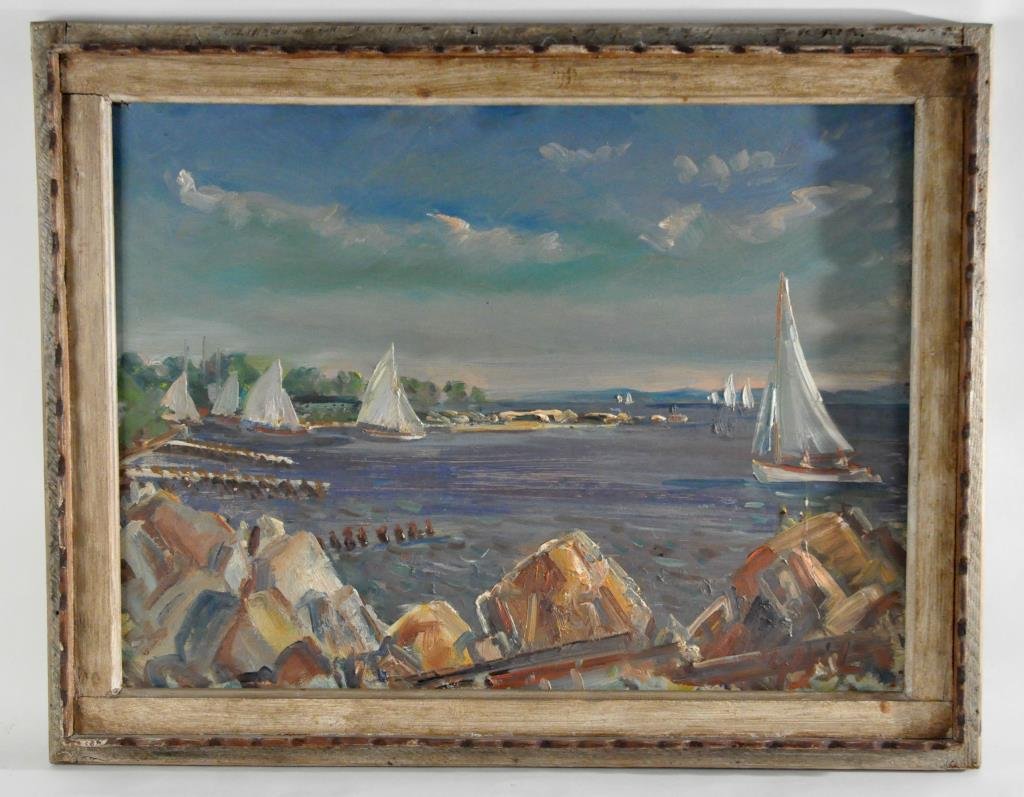 GREGORY MCLOUGHLIN (AMERICAN 1890 -1954): Untitled (harbor scene with boats), ca. 1940's/ 50's Oil on masonite, signed lower right initial G Mc L and signed on the back of the vintage frame top left side in pencil. Dimension: framed H28 3/4" 