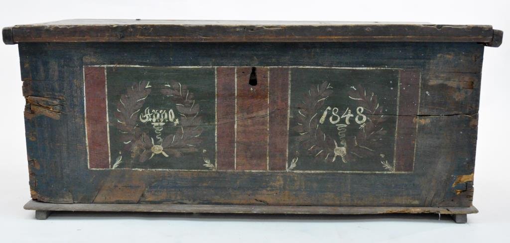 1848 ENGLISH BLANKET CHEST: Hand painted 1848 Dimensions: H 18 1/2" x W 22" x D 46" Condition: Signs of age (some dry rot and cracks)