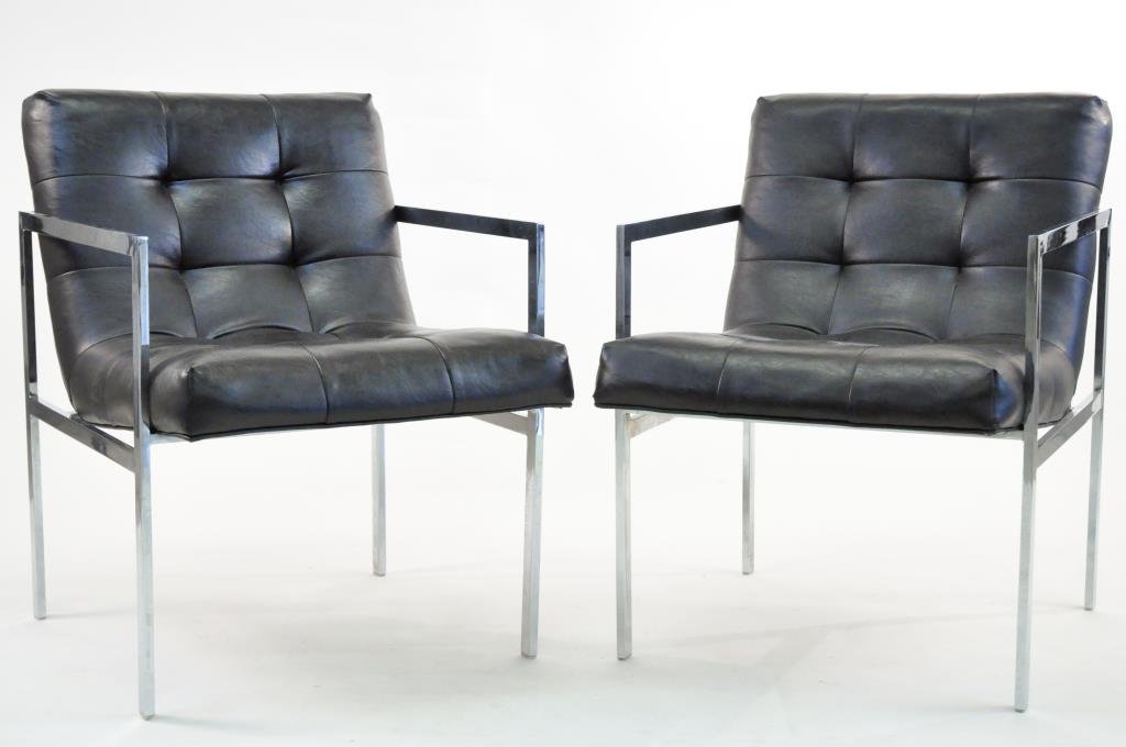 PAIR OF PATRICIAN BLACK SCOOP CHAIRS: Early 60s, out of High Point, North Carolina, representing the early years of the Patrician Company. The design is an adaptation of the Milo Baughman aesthetic, who was producing furniture in the very