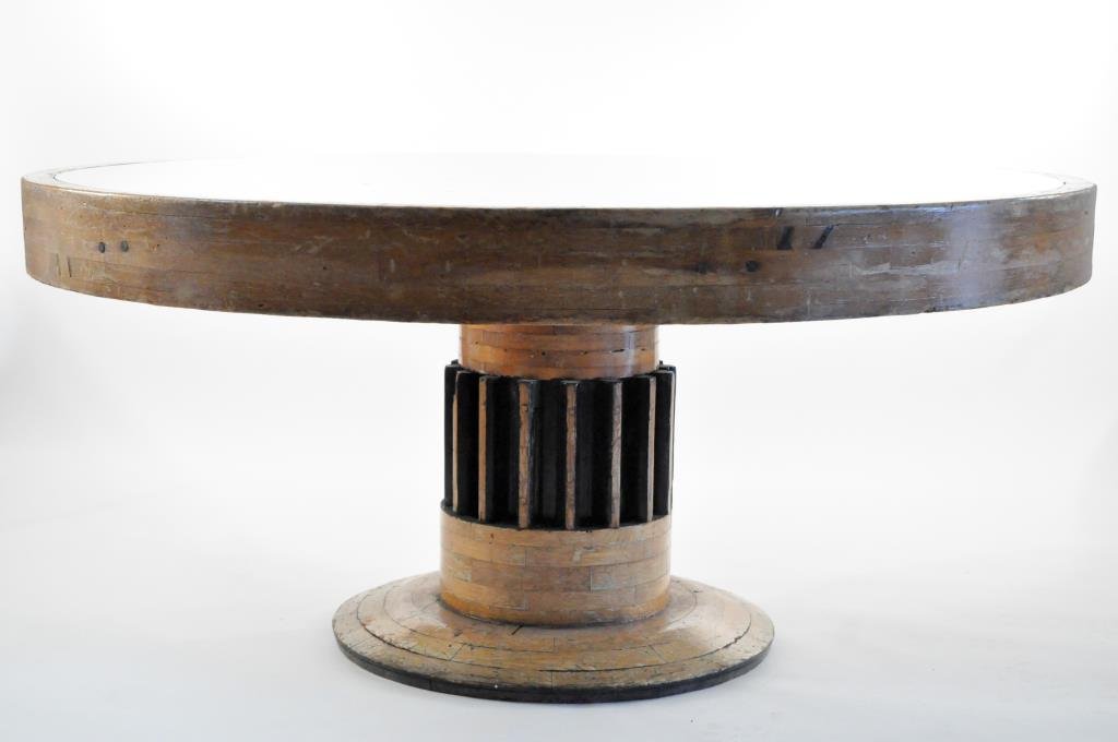 LARGE ROUND COUNTRY WOODEN COG TABLE: Dimensions: H 40" Diameter 63" Condition: good, some surface scratching to glass
