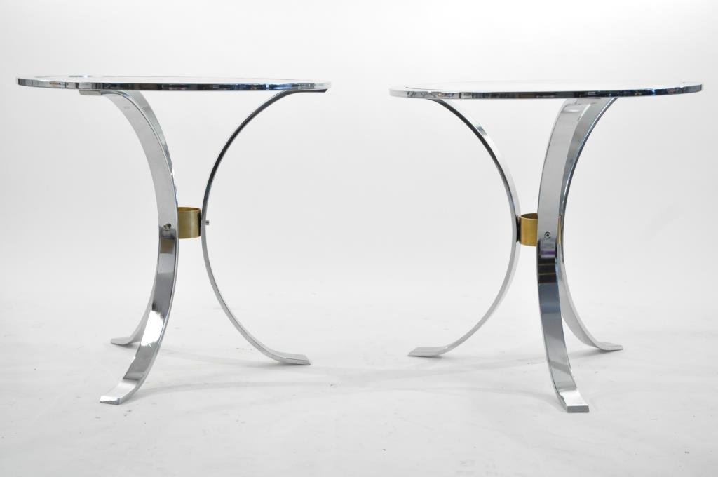 PAIR OF CHROME END TABLES ATTR. MAISON JANSEN: Dimensions: H 21" Diameter 22" Condition: good