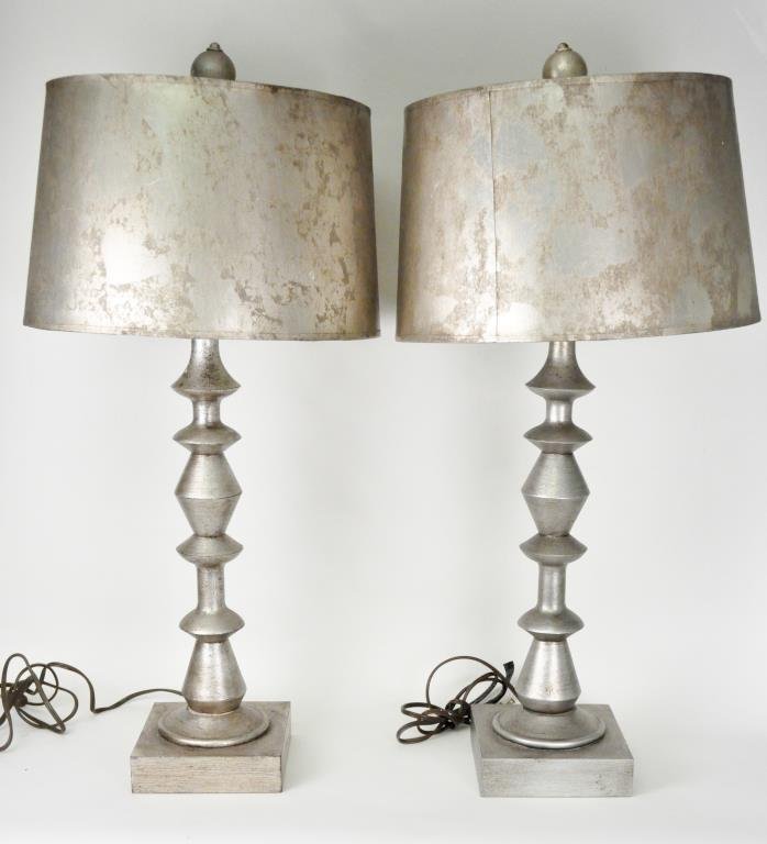 PAIR OF MID-CENTURY SILVER LAMPS: Wood, in the manner of James Mont Dimensions: H 25" W 7" D 7" Condition: Good