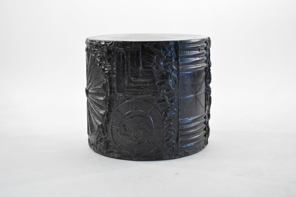 MID-CENTURY ADRIAN PEARSALL SIDE TABLE: Wood and particle board & sculptured material Dimensions: H 16" Diameter 17 1/2" Condition: Good.