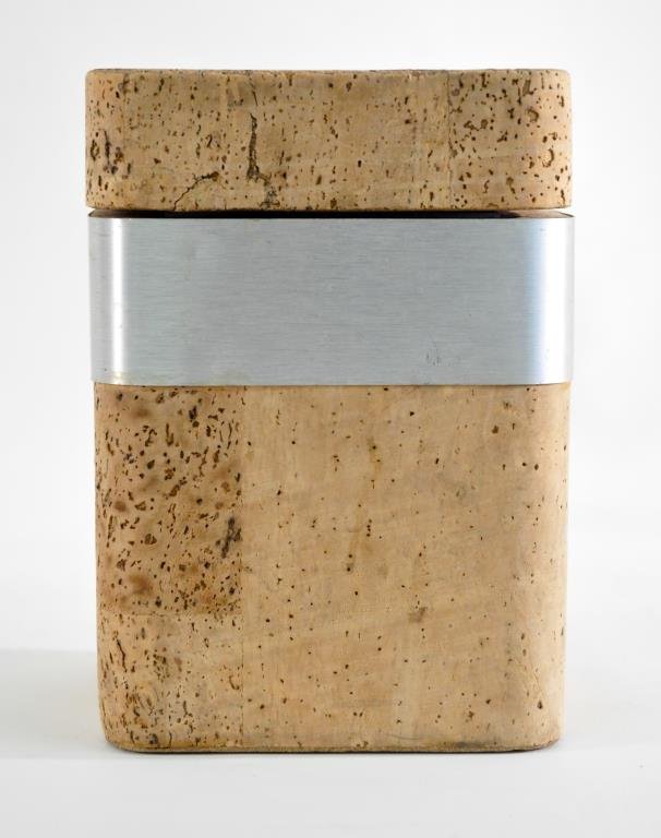 MID-CENTURY BURLED CORK ICE BUCKET: Plastic lined, in the manner of Milo Baughman Dimensions: H 8" W 6" D 6" Condition: Good
