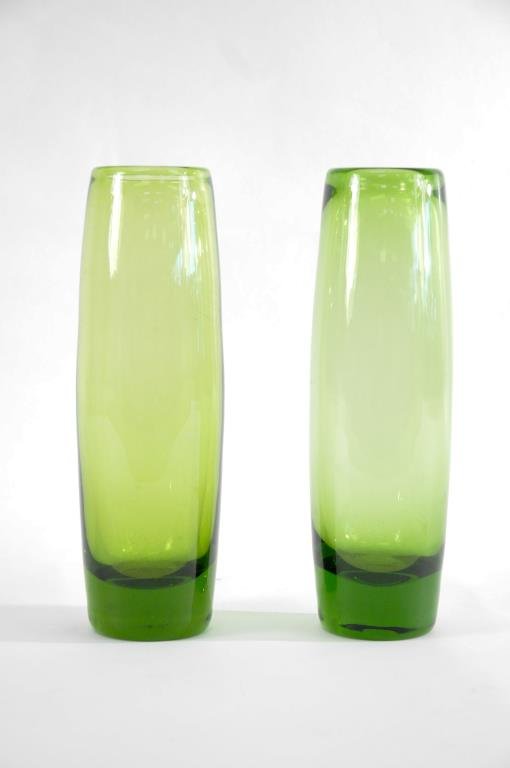 PAIR OF PER LUTKEN HOLMEGAARD GLASS VASES: Signed on bottom Dimensions: H 4" Diameter 3" Condition: Good