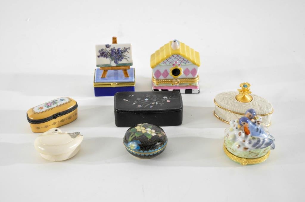 GROUPING OF ENAMEL BOXES INCLUDING LIMOGES: Dimensions: H 3 1/4" x W 3" x D 1/2" (house) Condition: good