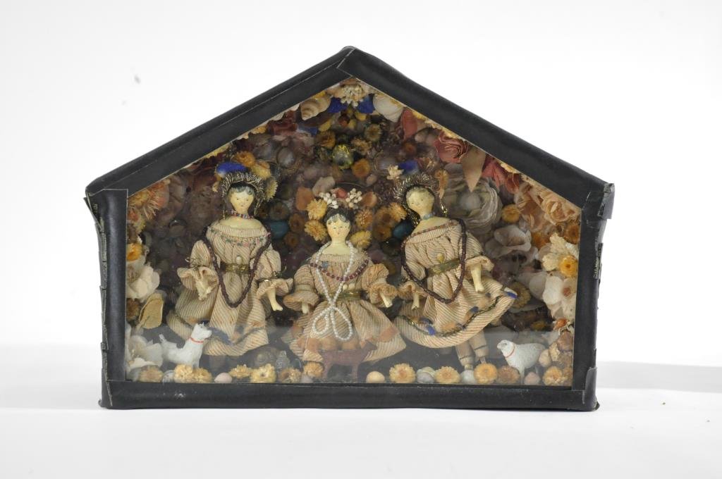 18TH CENTURY ENGLISH ENTERTAINERS DIORAMA: 18th or early 19th c. Carved and painted wood, dressed in matching clothes, surrounded by applied flowers and shells. Case is wrapped in a black tape. English or American. Dimensions: H 7 1/4" x W 10