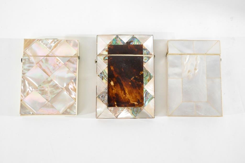 GROUP OF MOTHER OF PEARL, TORTOISE SHELL, ABALONE: Dimensions: H 4" x W 3" (middle) Condition: loss of tortoise trim to side of middle piece