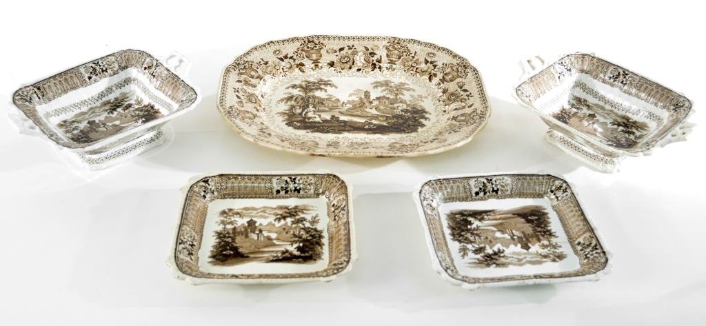 GROUP OF COLOGNE BROWN AND WHITE TRANSFERWARE: Marked to bottom Dimensions: H 2" x W 17" x D 14" (platter) Condition: chips to all pieces but platter