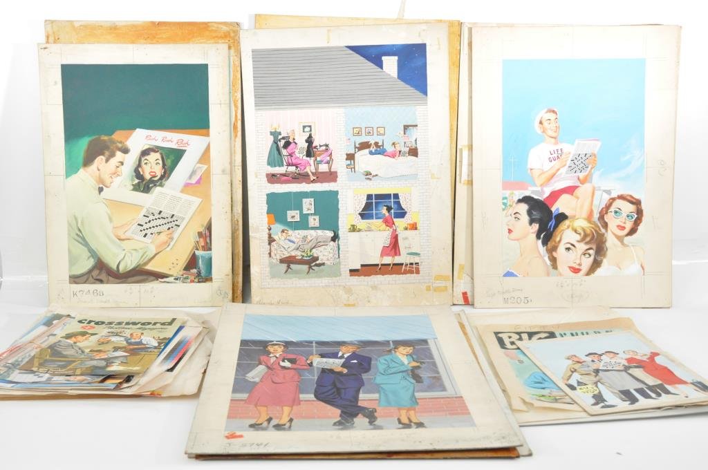 BRUCE HOWSON (AMERICAN 1913 -1989): A group lot of 34, 17 vintage original illustration art and sketches, 17 - proof covers and publications on American Championship Crossword, ca.1950's Dimensions: various sizes. Condition: from good t