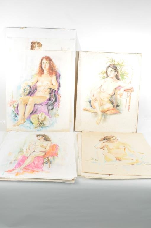 BRUCE HOWSON (AMERICAN 1913 -1989): A group lot of 34 vintage sketches of female nudes and cloth. ca.1950's & 60's Color pastel on paper Dimensions: H 24" x W 18" / H19" x W 24" Condition: good to fair Note: all of these sketches were a