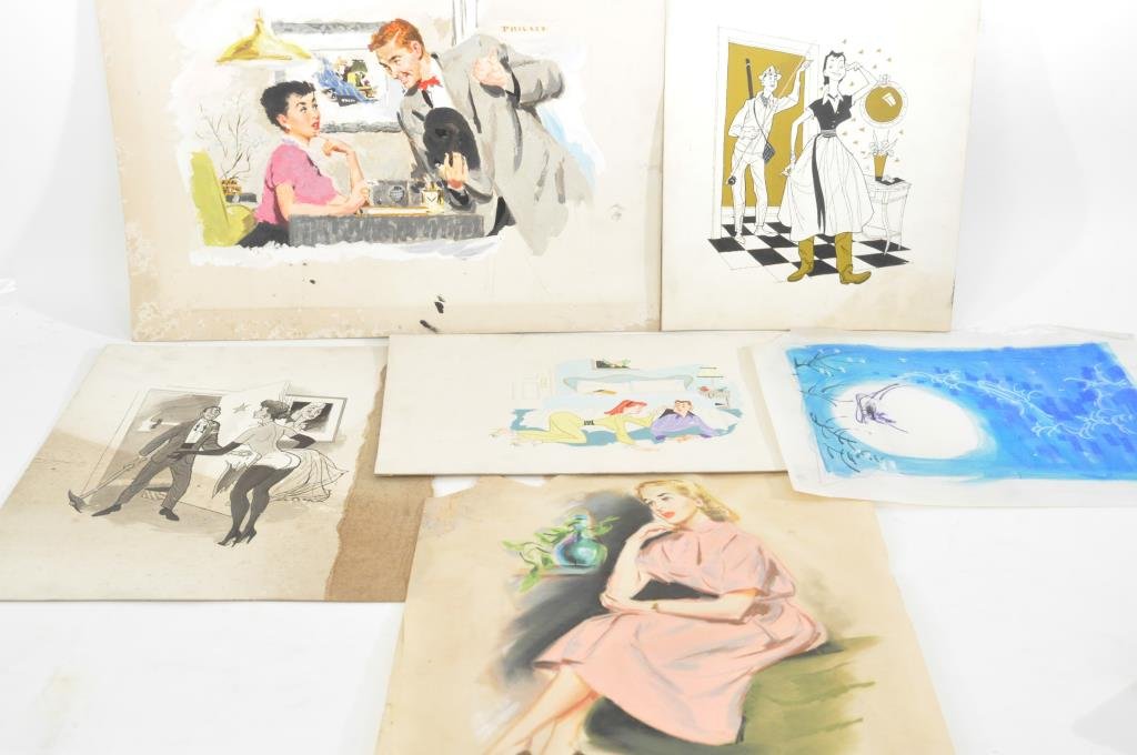 BRUCE HOWSON (AMERICAN 1913 -1989): A group lot of 21 vintage original illustration art sketches for books , fashion, and various of humorous couples. ca.1940's,50's & 60's Color pastel on tissue paper and oil on broad Dimensions: vario