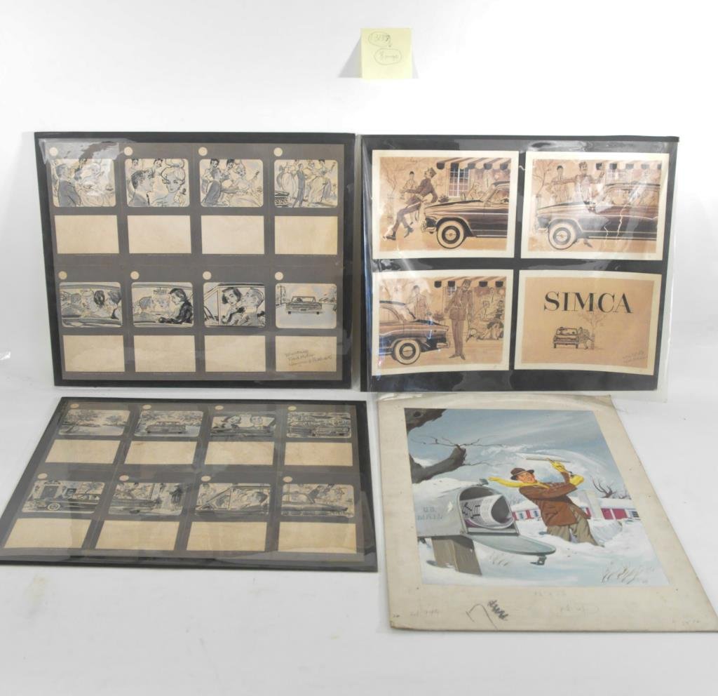 BRUCE HOWSON (AMERICAN 1913 -1989): A group lot of 8 vintage original illustration art sketches of of ads for Simca, Mercury Ford Motors. ca.50's Oil / watercolors on broad Dimensions: various sizes Condition: good to fair Provenance: F