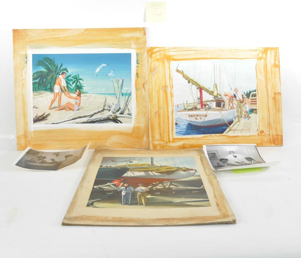 BRUCE HOWSON (AMERICAN 1913 -1989): A group lot of 3 vintage original illustration art sketches of "Mark Howson with his fishing tackle" with two other men getting to abord on the EREWHON N.Y., Two men in a ship yard, A couple on the be