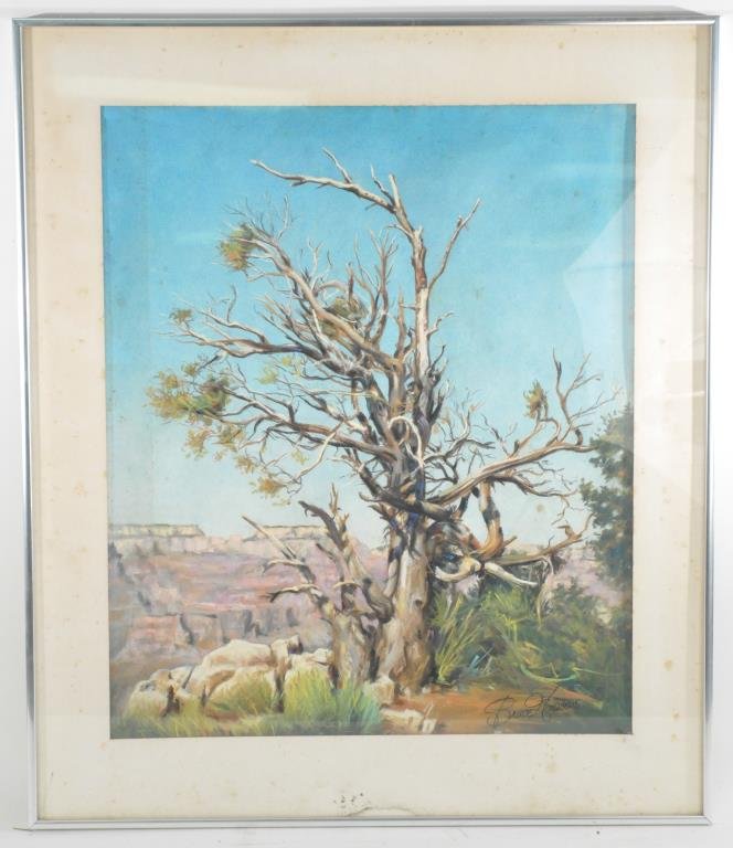 BRUCE HOWSON (AMERICAN 1913 -1989) ILLUSTRATION: Untitled ( large tree in the desert). ca.1970's Color pastel on broad, signed lower right Dimensions: framed H 28" x W 24", (sight) H 22" x 18 3/8" Condition: good, foxing on the mat. Provenance: From