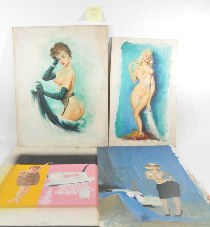 BRUCE HOWSON (AMERICAN 1913 -1989): A group lot of 5 vintage original illustration art sketches different forms of burlesque ladies. ca..50's and 60's Oil and watercolors on broad Dimensions: 1.- H24 1/2" X W19", 2.- H22 3/8" X W14", 3.