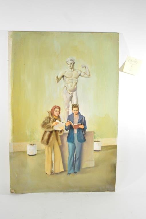 BRUCE HOWSON (AMERICAN 1913 -1989): One vintage original illustration art of two women in a inside a museum. ca..70's Oil on broad and silver gelatin print on the back. Dimensions: H 30" x W 20" Condition: good, surface dirt and foxing,