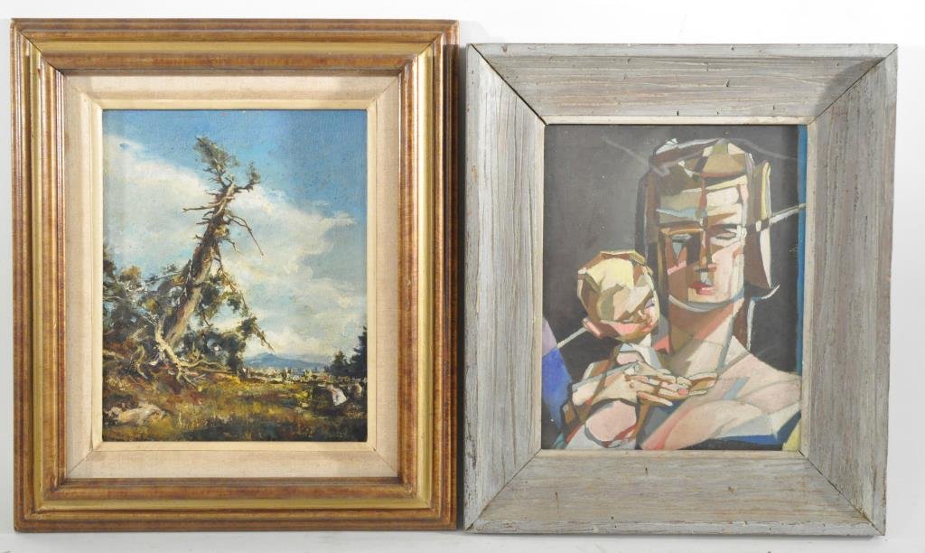 BRUCE HOWSON (AMERICAN 1913 -1989): Two untitled painting 1.- mother & child and 2. landscape of a tree. Ca.50's and 60's Oil on canvas and board Dimensions: 1. H30" X W20" Condition: good, surface dirt, scuff marks. Provenance: From th