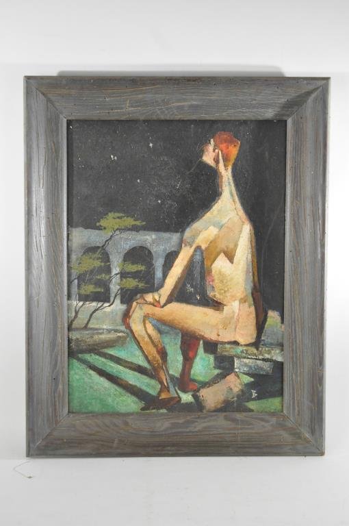 BRUCE HOWSON (AMERICAN 1913 -1989): Untitled ( male abstract figure looking at a bridge and trees. ca.1940's Oil on canvas board, signed lower right B Dimensions: framed H 29 1/2" x W 231/2', (board) H 24 1/4"x W 18" Condition: good, sc