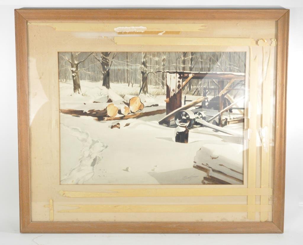 BRUCE HOWSON (AMERICAN 1913 -1989): Untitled ( snow scene with a view of a mill may be Chardon Ohio), ca.1940's watercolor on paper, signed lower right Bruce Howson Dimensions: framed H 30" x W 34 1/2', (sight) H 20 1/4" X W 25 1/4" Con