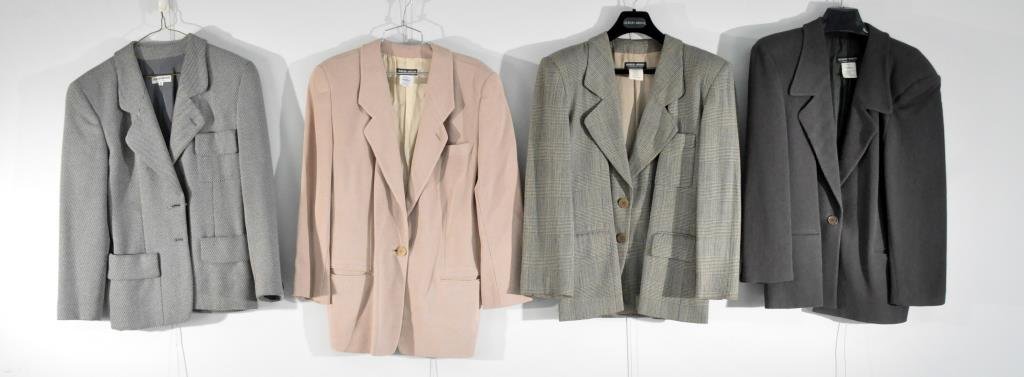 4 VINTAGE GIORGIO ARMANI BLAZERS: WOOL PIN STRIPE, TAN (NO PHOTO), TWEED, GREEN WOOL Size 40,40,42,42 Note: All clothing is from the same estate and mostly in very good condition. All clothing sold as is. Please preview the week befor