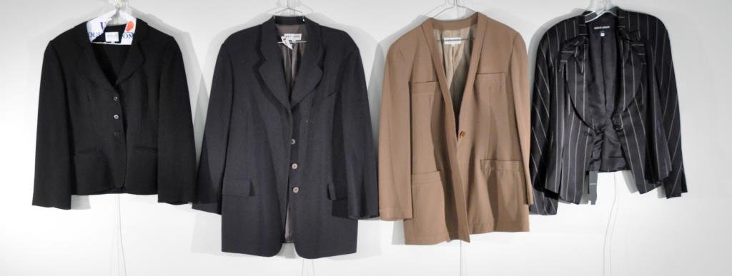 4 VINTAGE GIORGIO ARMANI BLAZERS: 2 BLACK WOOL, ONE BROWN SILK BLEND, BLACK WHITE PIN STRIPE SILK Note: All clothing is from the same estate and mostly in very good condition. All clothing sold as is. Please preview the week before th