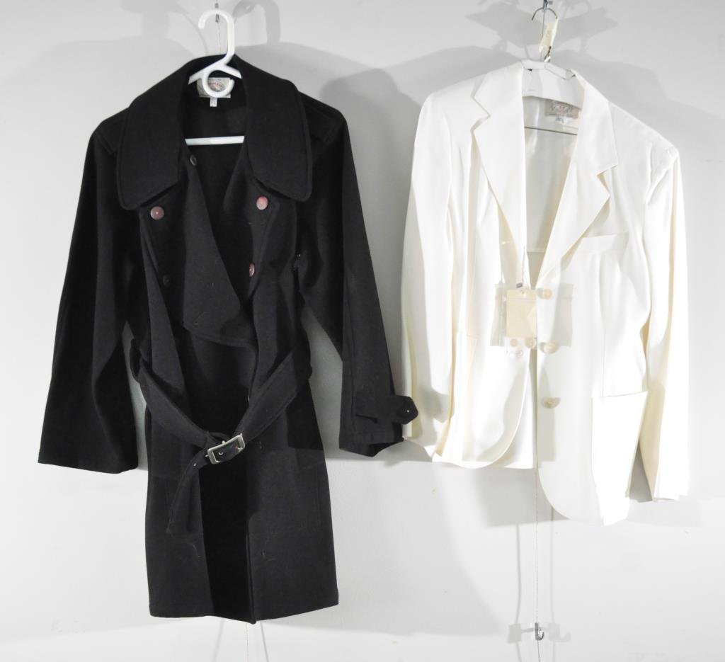 VINTAGE ARMANI JEAN WOOL PEA COAT & WHITE JACKET: White jacket NWT. Black suit in good condition. Size 8 Note: All clothing is from the same estate and mostly in very good condition. All clothing sold as is. Please preview the week before the auction