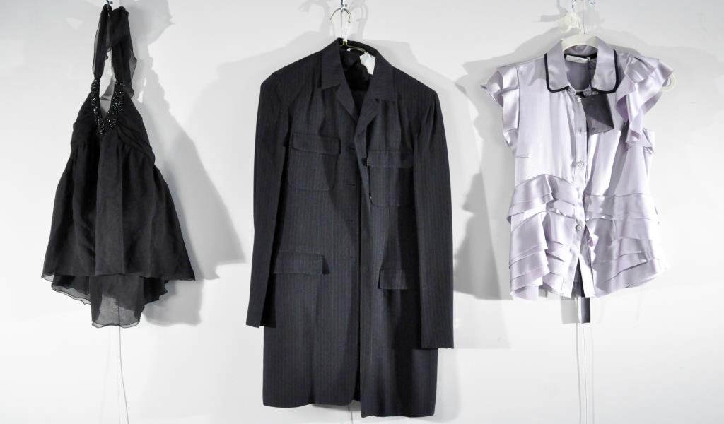 DESIGNER LOT OF WOMENS CLOTHING INCL PRADA: PRADA PURPLE SILK BLOUSE SIZE 10 MAXMARA PINSTRIPE SKIRT SUITE SIZE 8 MAXMARA HALTER BLOUSE SIZE 10 Note: All clothing is from the same estate and mostly in very good condition. All clothing sold as i