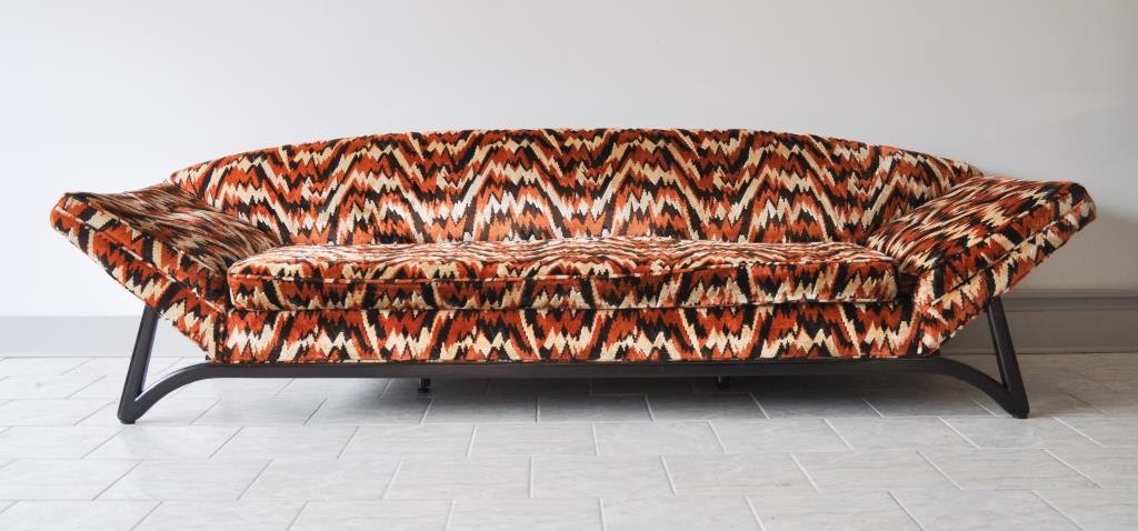 MID-CENTURY ADRIAN PEARSALL STYLE SOFA: Dimensions: H 30" x W 107" x D 32"Condition: two holes to underside arm, fabric is in good condition, base has been recently refinished