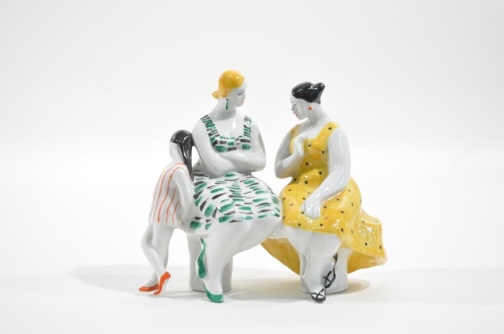 SOVIET DMITROVSK 1960S PORCELAIN FIGURES: Ca 1954-1065, Dmitrovsk porcelain factory, DFV, RussiaDimensions: H 6" x W 7.5" x D 3.25"Condition: good, no apparent chips, cracks, or repairs