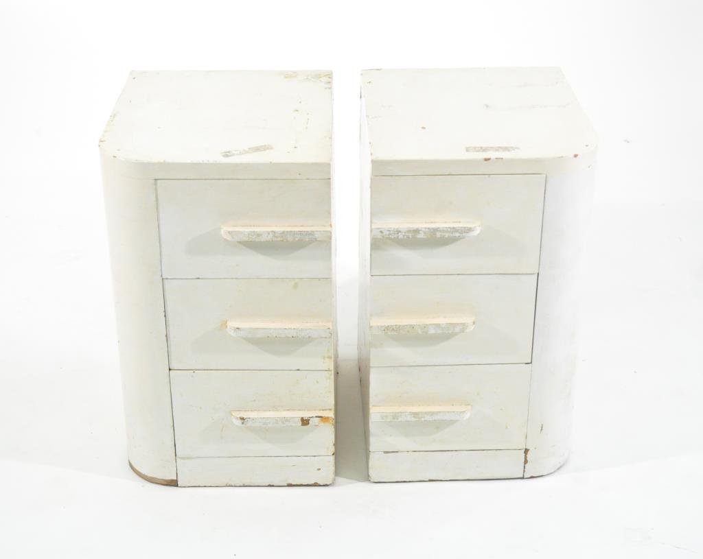 PAIR OF ART DECO DONALD DESKEY WOODEN BED STANDS: Dimensions: H 24.75" X W 15" X D 19"Condition: Losses to paint, overall good