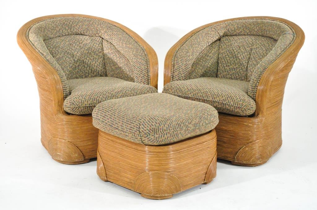 IN THE STYLE OF WARD BENNETT WICKER FURNITURE SET: Two chairs and ottoman.Dimension: H 32" x L 34" x W 37"Condition: Good, used. Light signs of use, scratches. Loss to one line of wicker at edge of one chair.