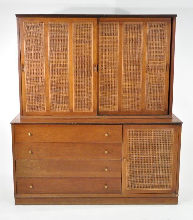 MID-CENTURY HARVEY PROBBER CABINET HUTCH: Dimensions: H 61.25" x W 54.25" x D 18"Condition: Minor scratches and scuffs, appropriate wear with use and age