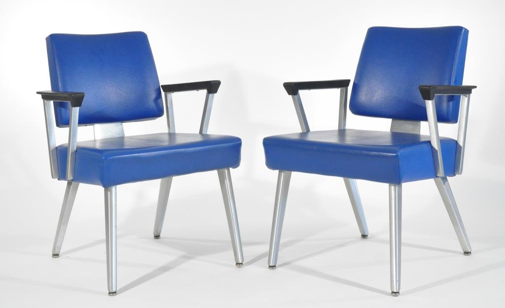PAIR OF MID-CENTURY GOODFORM ARMCHAIRS: Model 3046, ca 1971, in a vinyl upholstery with aluminum legs and spring backDimensions: H 31.5" x W 22.25" x D 26"Condition: Good