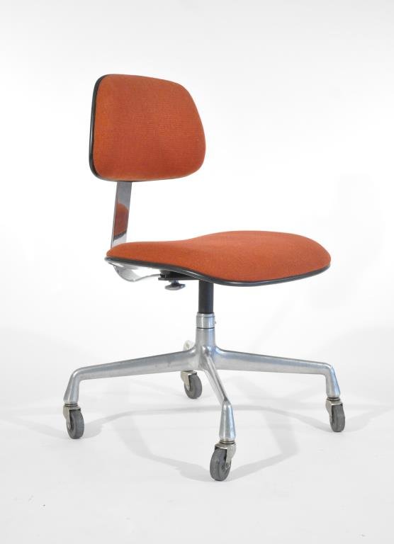 RARE CHARLES AND RAY EAMES EC228 SECRETARIAL CHAIR: For Herman Miller, ca 1972, low production, adjustable seat height. In bright polished cast aluminum contract base with hopsak upholstery. This example is exhibited in the J.F. Chen collection. For a