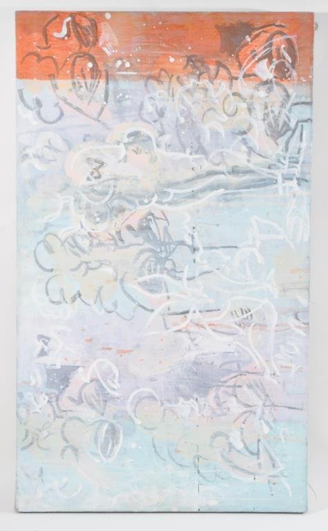 ELENA SISTO (AMERICAN 1952 -): PSYCHE / BIMNO, 1992Casein tempera on linen, signed on the back upper right side. Dimensions: (Sight ) H 20 .5" x W 34"Provenance: 1992 - Germans Van Eck Gallery, 420 West Broadway, New York, N.Y (ES1
