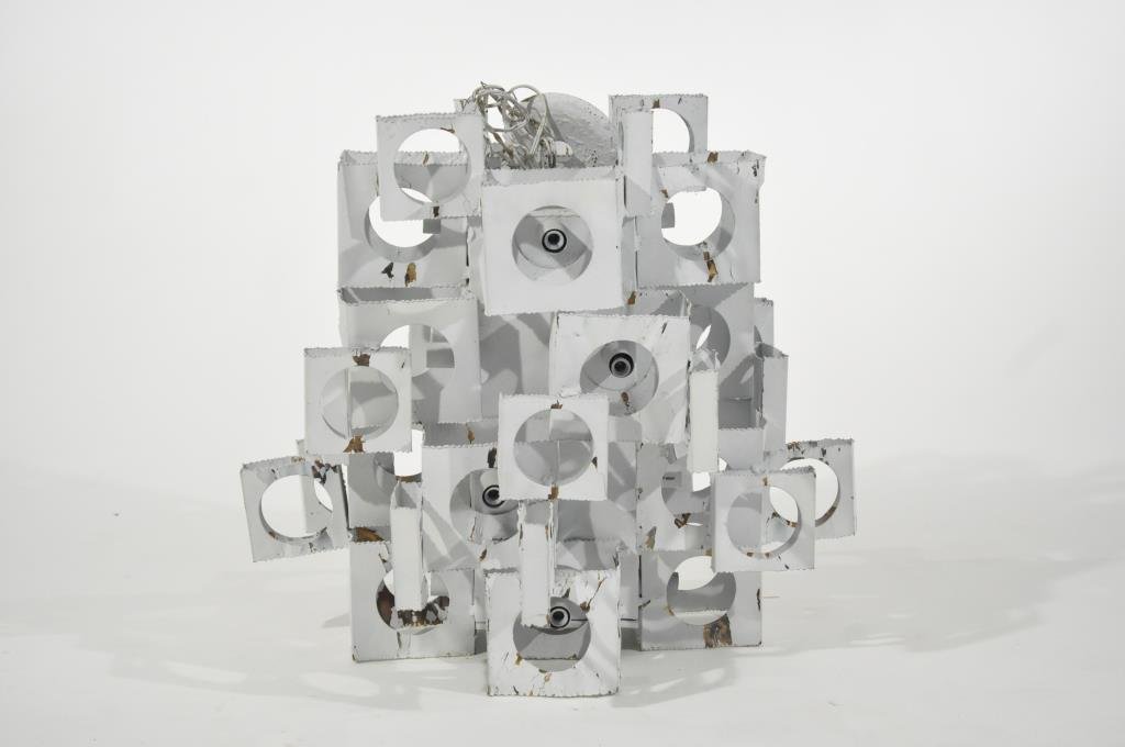 TOM GREENE MID-CENTURY BRUTALIST CHANDELIER: For Feldman, with sticker to the medallionDimensions: H 22.5" x W 26" x D 26"Condition: painted white, needs to be stripped to reveal copper, paint is chipping, some bends to copper