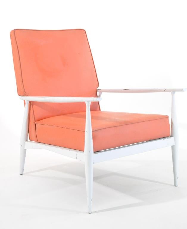 PAUL MCCOBB MID-CENTURY LOUNGE CHAIR: Vinyl, wood, spring seat, unmarkedDimensions: H 33.5" x W 25" x D 32"Condition: wear to paint, some indentations to vinyl, joints are loose and need to be reglued