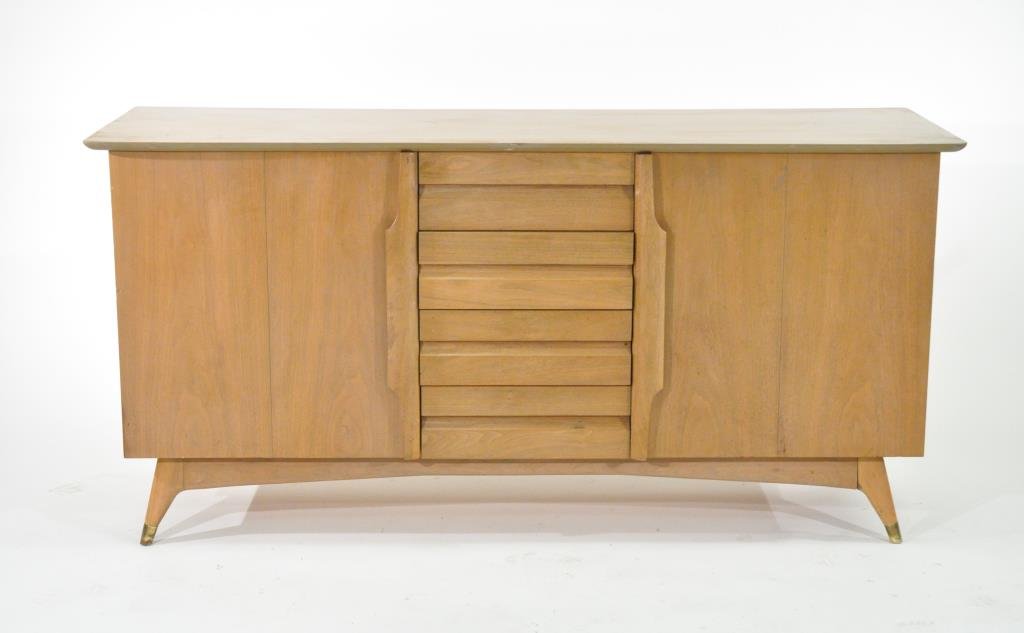 KENT COFFEY MID-CENTURY CREDENZA: Dimensions: H 32.25" x W 65.25" x D 21"Condition: good, some chips to top, right end, and side, no major scratches