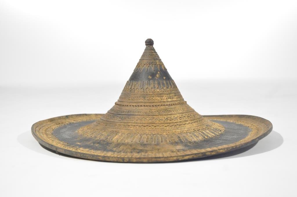 ANTIQUE ASIAN PAINTED WOVEN COOLIE HAT: Dimensions: H 7.5" x Diameter 14.75"Condition: Good, minimal, age appropriate wear to paint. Provenance: From the descendants of a late 19th C. Siam logging operation