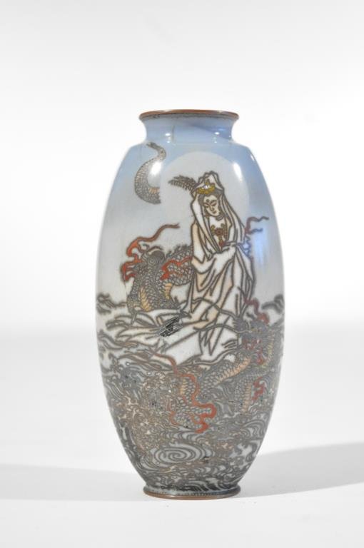 JAPANESE CLOISONNE VASE: Dimensions: H 7.25" x W 3.75" x D 2.75"Condition: chip to front in figures dress, otherwise goodProvenance: From the descendants of a late 19th C. Siam logging operation