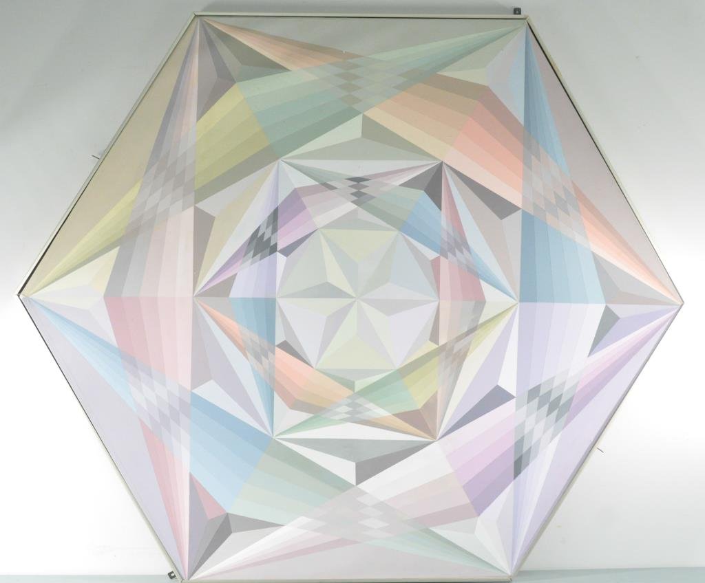 SIMONE, CAROLE LEE (AMERICAN) OP ART 4: Title: SYDNEY, Acrylic on a octagon shaped canvas, artist signed, titled and dated on the back of the canvasDimensions:(Frame) H 55.5 " x W 49", Condition: good, has some painted loss and scuff marks