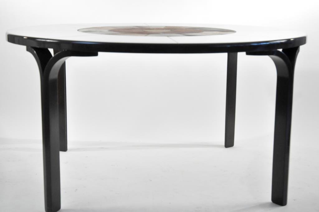 HASLEV DANISH TILETOP ROUND TABLE: With bentwood legs and a lacquer to wood, stamp to bottomDimensions: H 28.5" Diameter 55"Condition: Good, some surface scratches to top